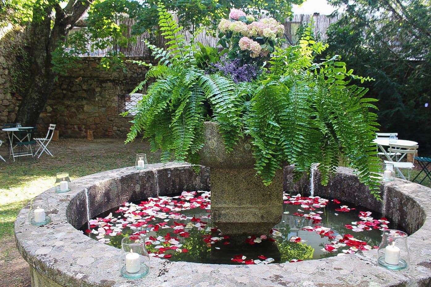 Fuente circular del jardín con flores y helechos