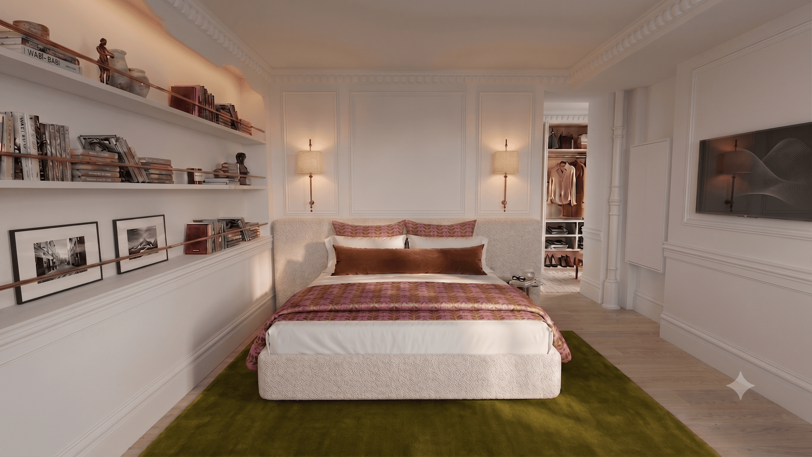 Render del dormitorio principal proyectado, con estanterías de obra y alfombra verde